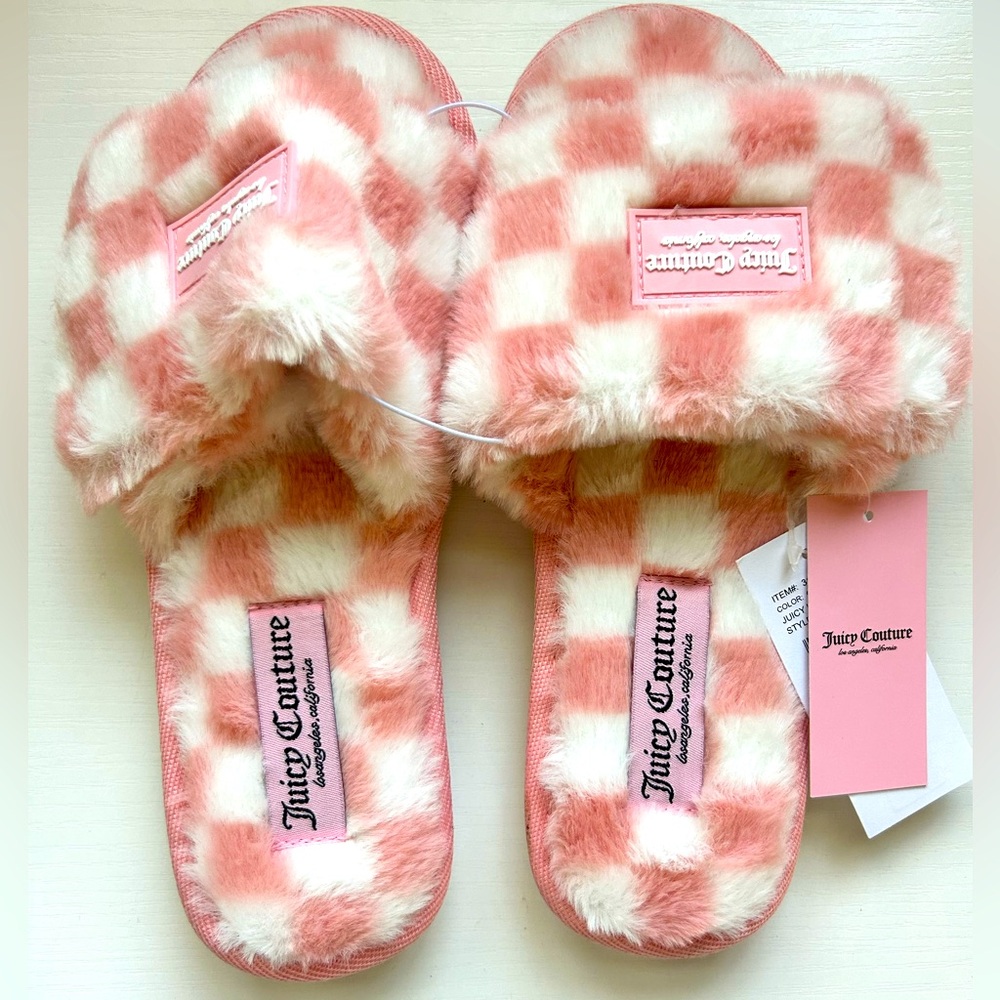 NEW! Juicy Couture Hiero Hook & Loop Pink‎ & White Sandals Fuzzy Size 7/8 Medium